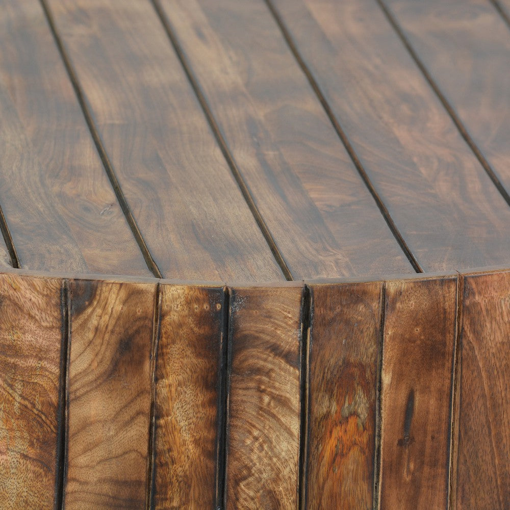 The Urban Port 34 Inch Handmade Wooden Round Coffee Table with Plank Design, Burned Brown