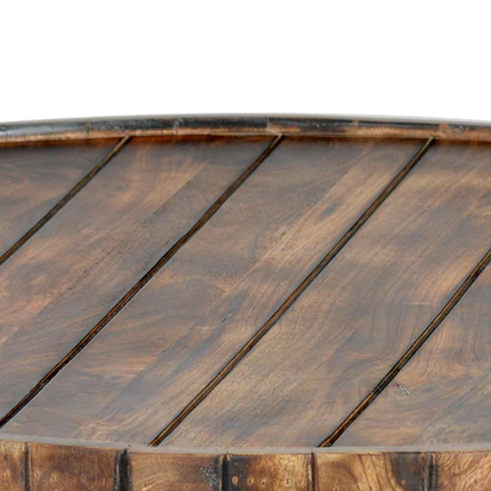 The Urban Port 34 Inch Handmade Wooden Round Coffee Table with Plank Design, Burned Brown