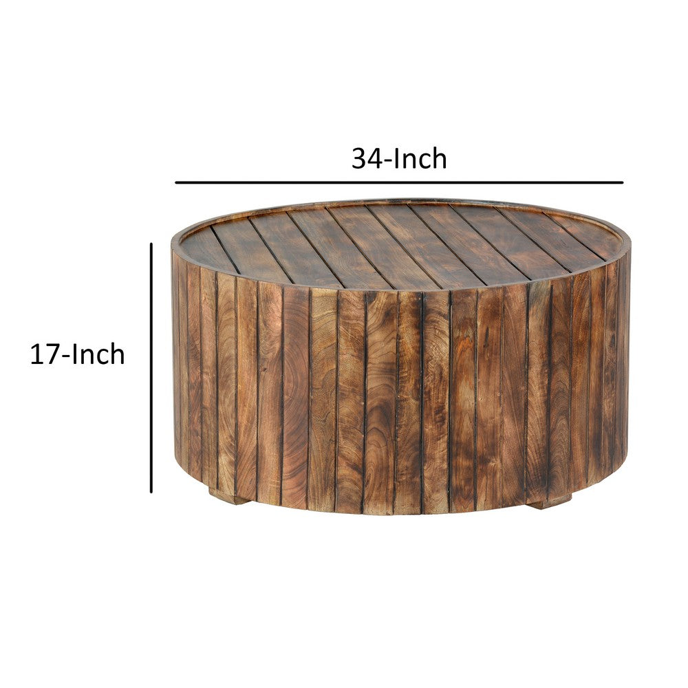 The Urban Port 34 Inch Handmade Wooden Round Coffee Table with Plank Design, Burned Brown