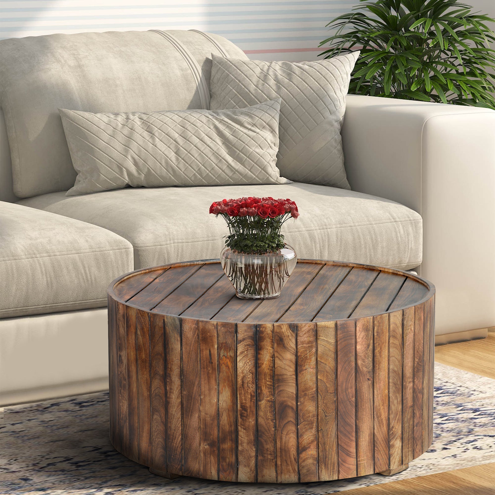 The Urban Port 34 Inch Handmade Wooden Round Coffee Table with Plank Design, Burned Brown
