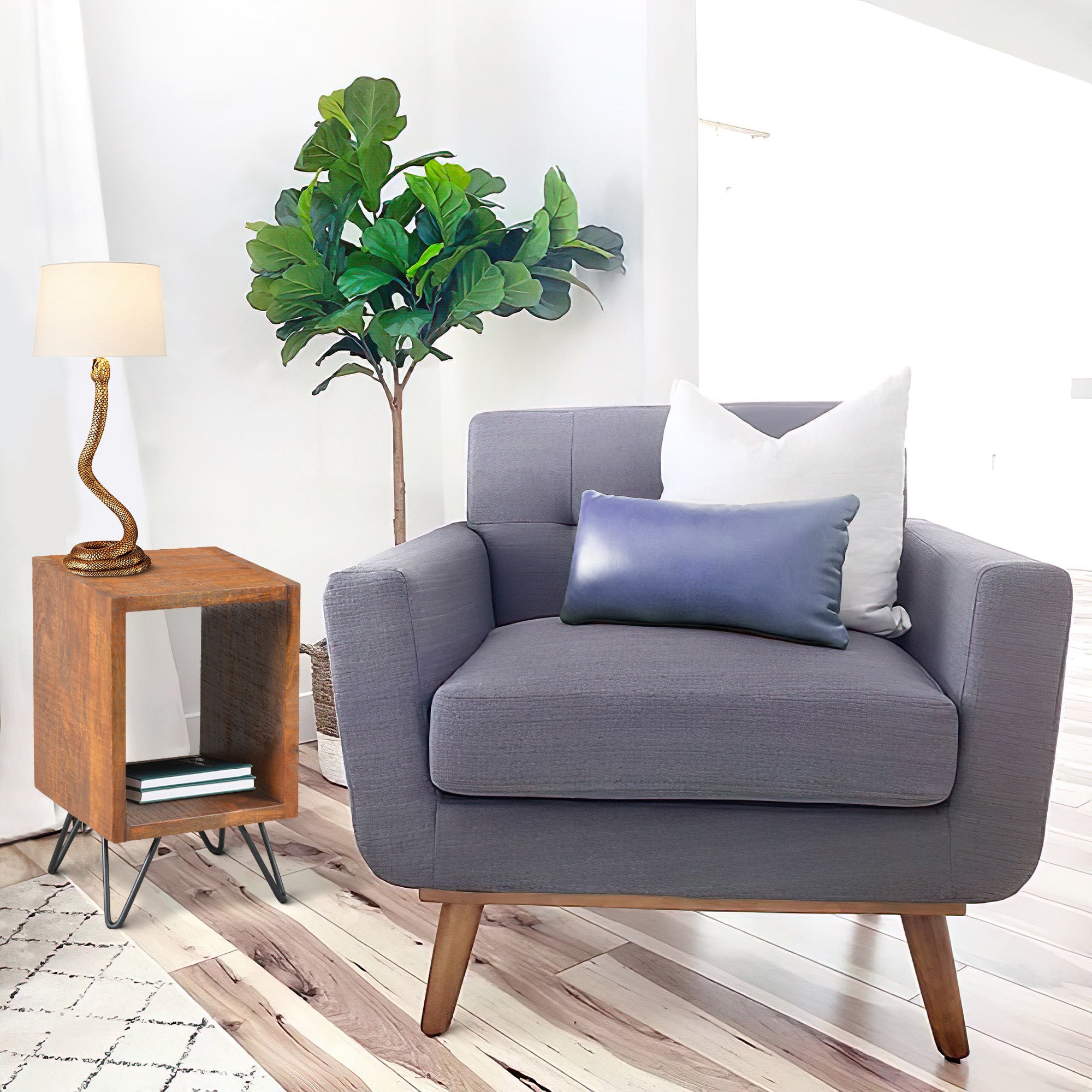 The Urban Port 22 Inch Textured Cube Shape Wooden Nightstand with Angular Legs, Brown And Black