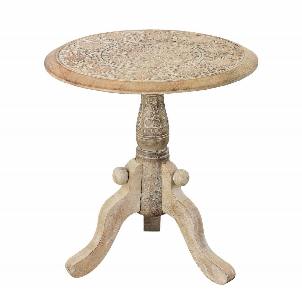 The Urban Port Intricately Carved Round Top Mango Wood Side End Table With Pedestal Base, Brown And White