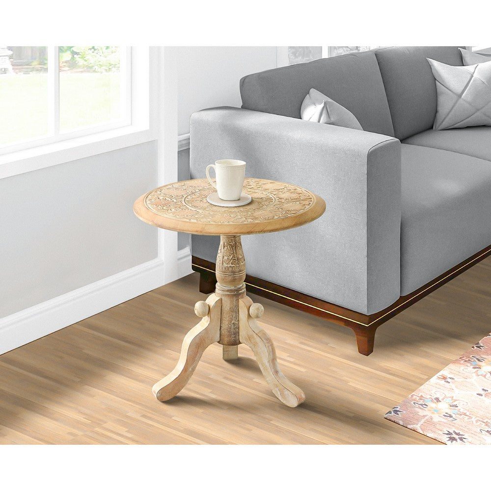 The Urban Port Intricately Carved Round Top Mango Wood Side End Table With Pedestal Base, Brown And White