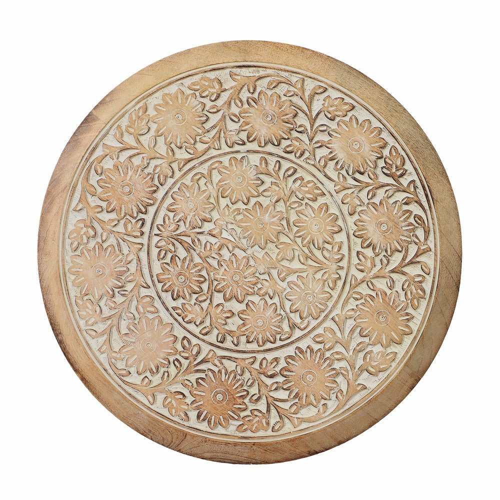 The Urban Port Intricately Carved Round Top Mango Wood Side End Table With Pedestal Base, Brown And White