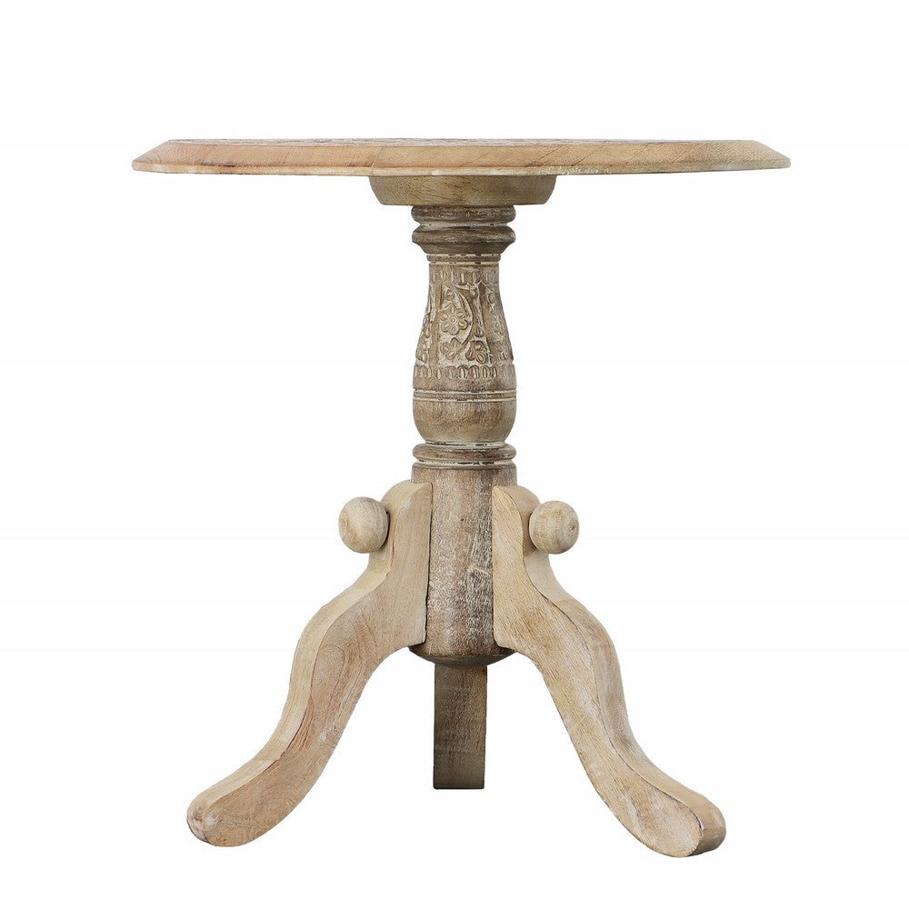 The Urban Port Intricately Carved Round Top Mango Wood Side End Table With Pedestal Base, Brown And White