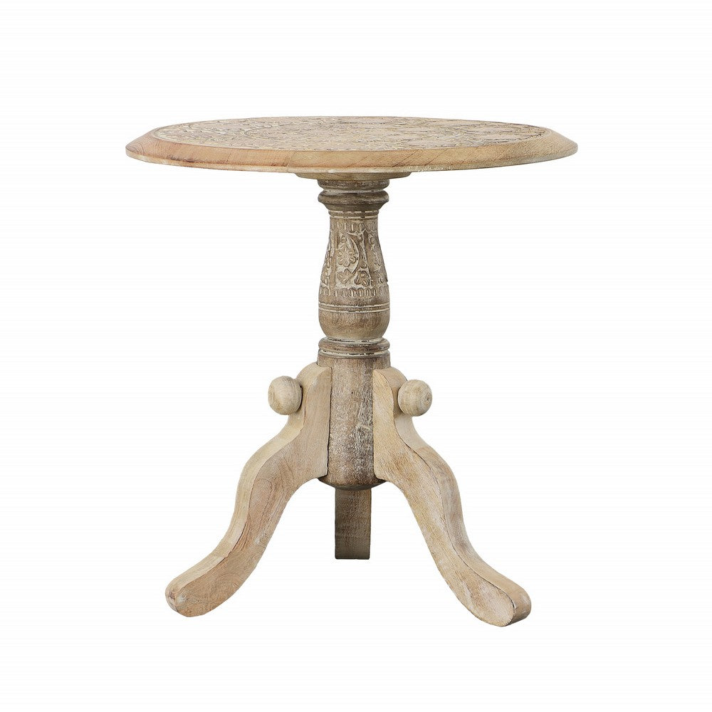 The Urban Port Intricately Carved Round Top Mango Wood Side End Table With Pedestal Base, Brown And White