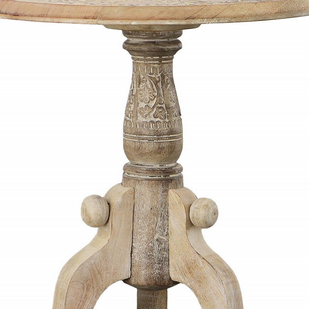 The Urban Port Intricately Carved Round Top Mango Wood Side End Table With Pedestal Base, Brown And White