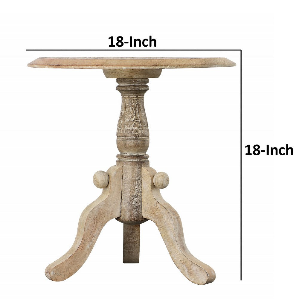 The Urban Port Intricately Carved Round Top Mango Wood Side End Table With Pedestal Base, Brown And White