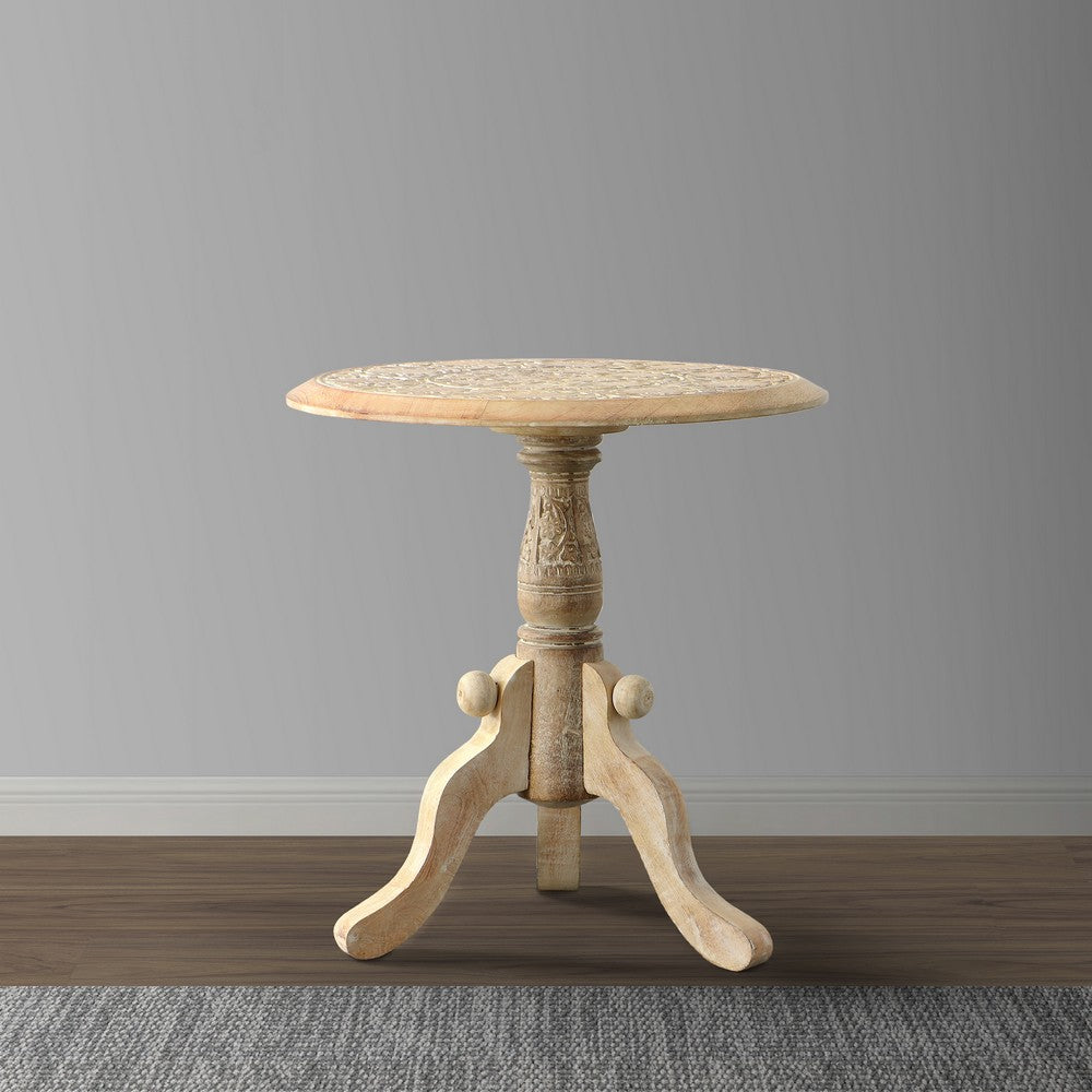 The Urban Port Intricately Carved Round Top Mango Wood Side End Table With Pedestal Base, Brown And White