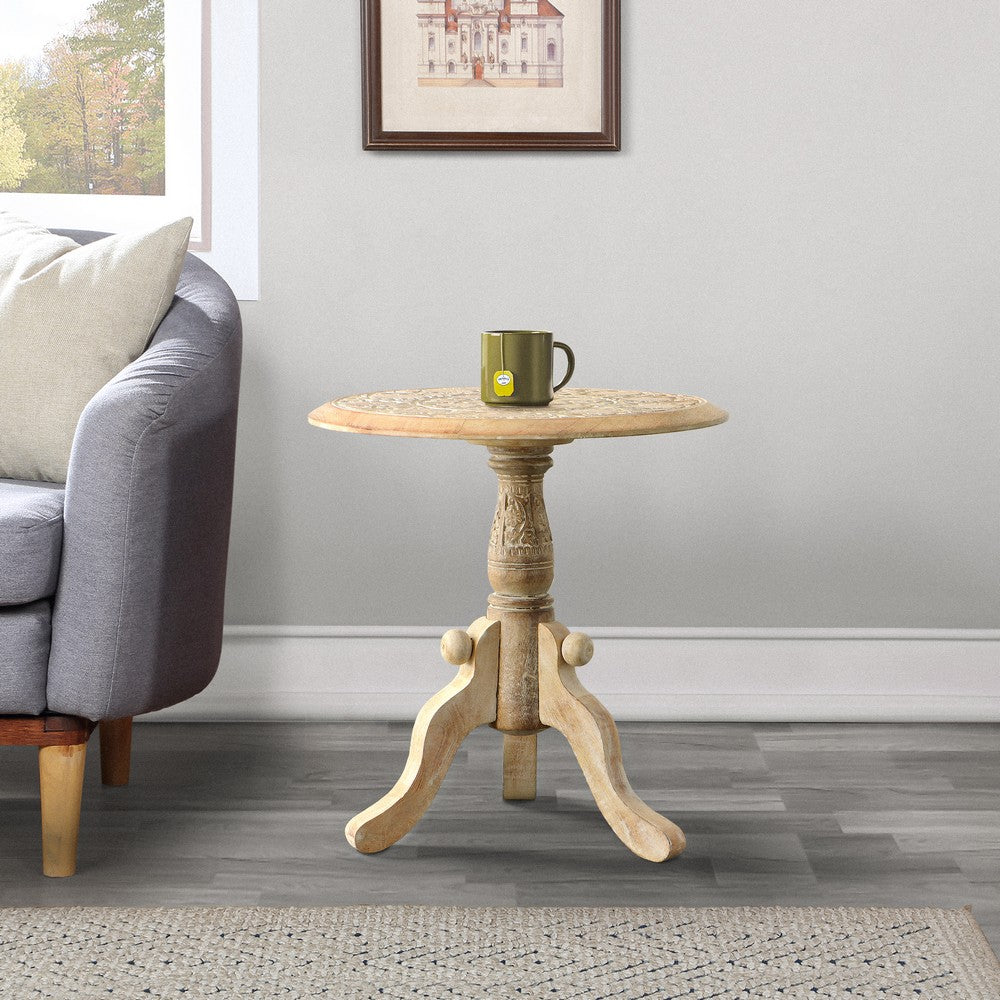 The Urban Port Intricately Carved Round Top Mango Wood Side End Table With Pedestal Base, Brown And White