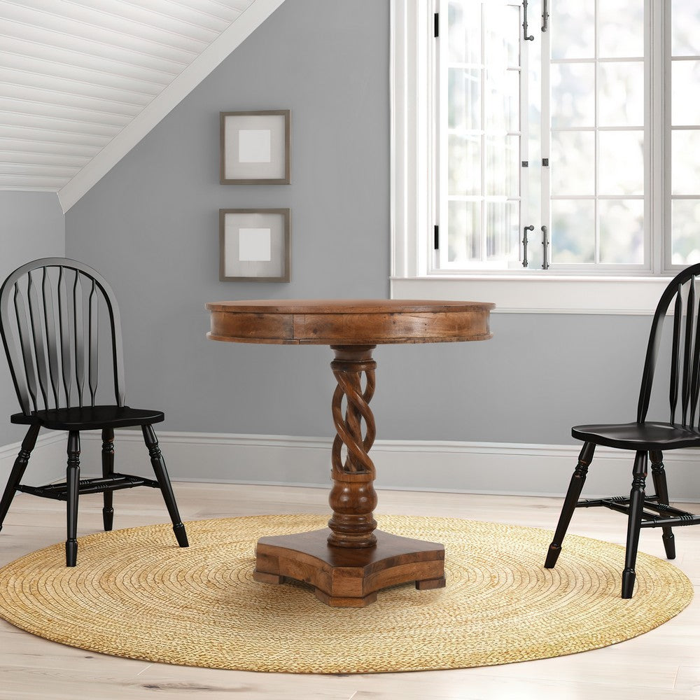 The Urban Port 30 Inch Handcrafted Round Mango Wood Dinette, Artisanal Twisted Pedestal Base, Walnut Brown