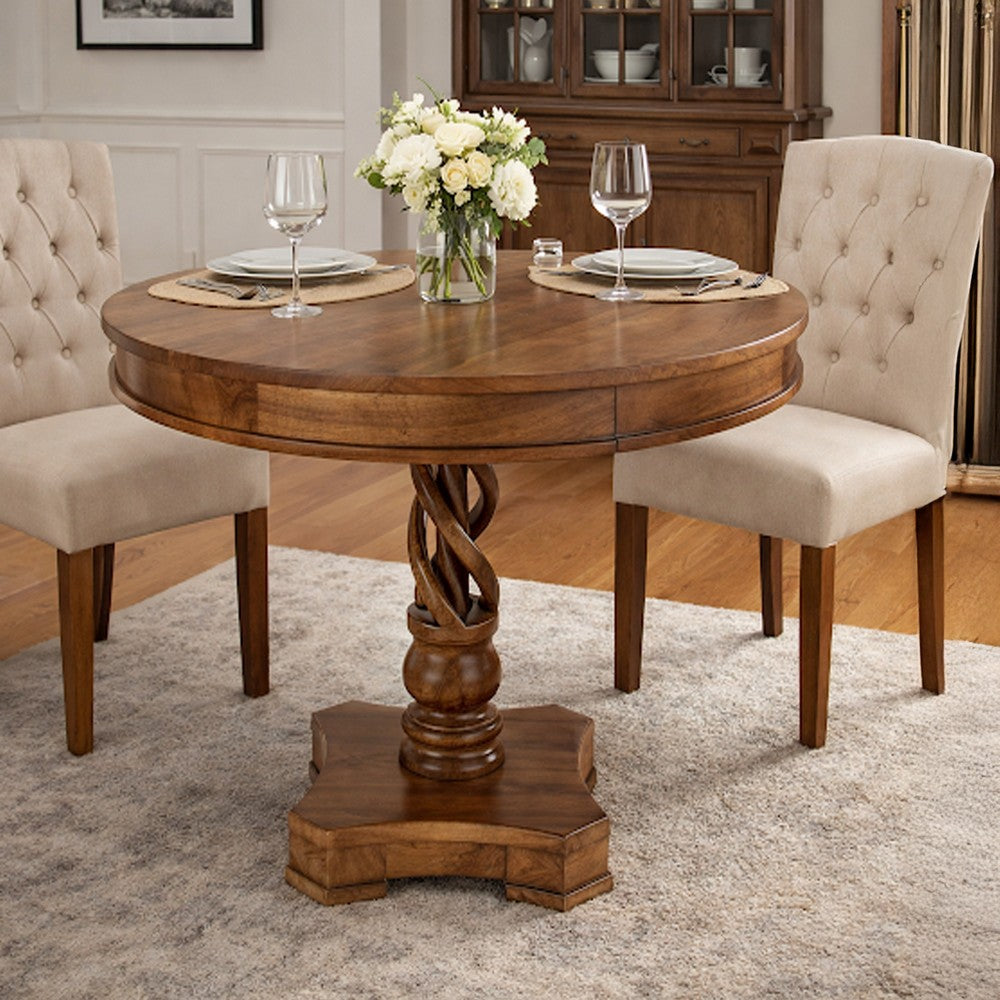 The Urban Port 30 Inch Handcrafted Round Mango Wood Dinette, Artisanal Twisted Pedestal Base, Walnut Brown