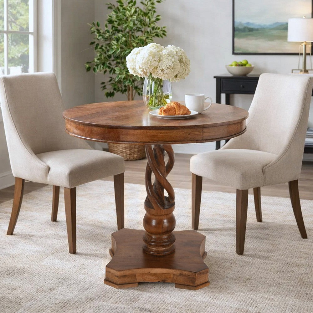 The Urban Port 30 Inch Handcrafted Round Mango Wood Dinette, Artisanal Twisted Pedestal Base, Walnut Brown