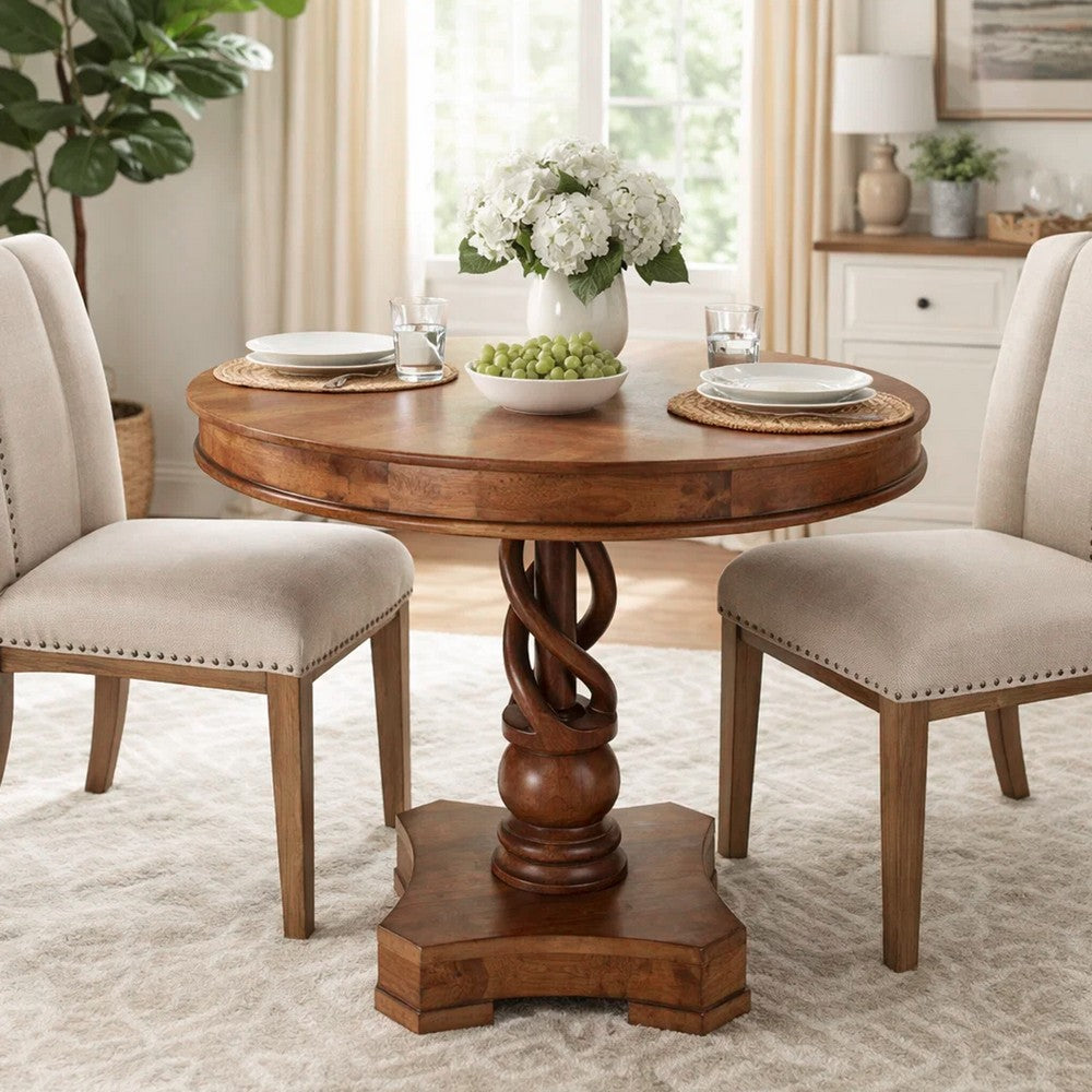 The Urban Port 30 Inch Handcrafted Round Mango Wood Dinette, Artisanal Twisted Pedestal Base, Walnut Brown