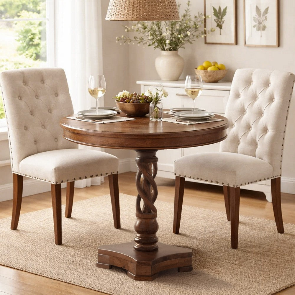 The Urban Port 30 Inch Handcrafted Round Mango Wood Dinette, Artisanal Twisted Pedestal Base, Walnut Brown