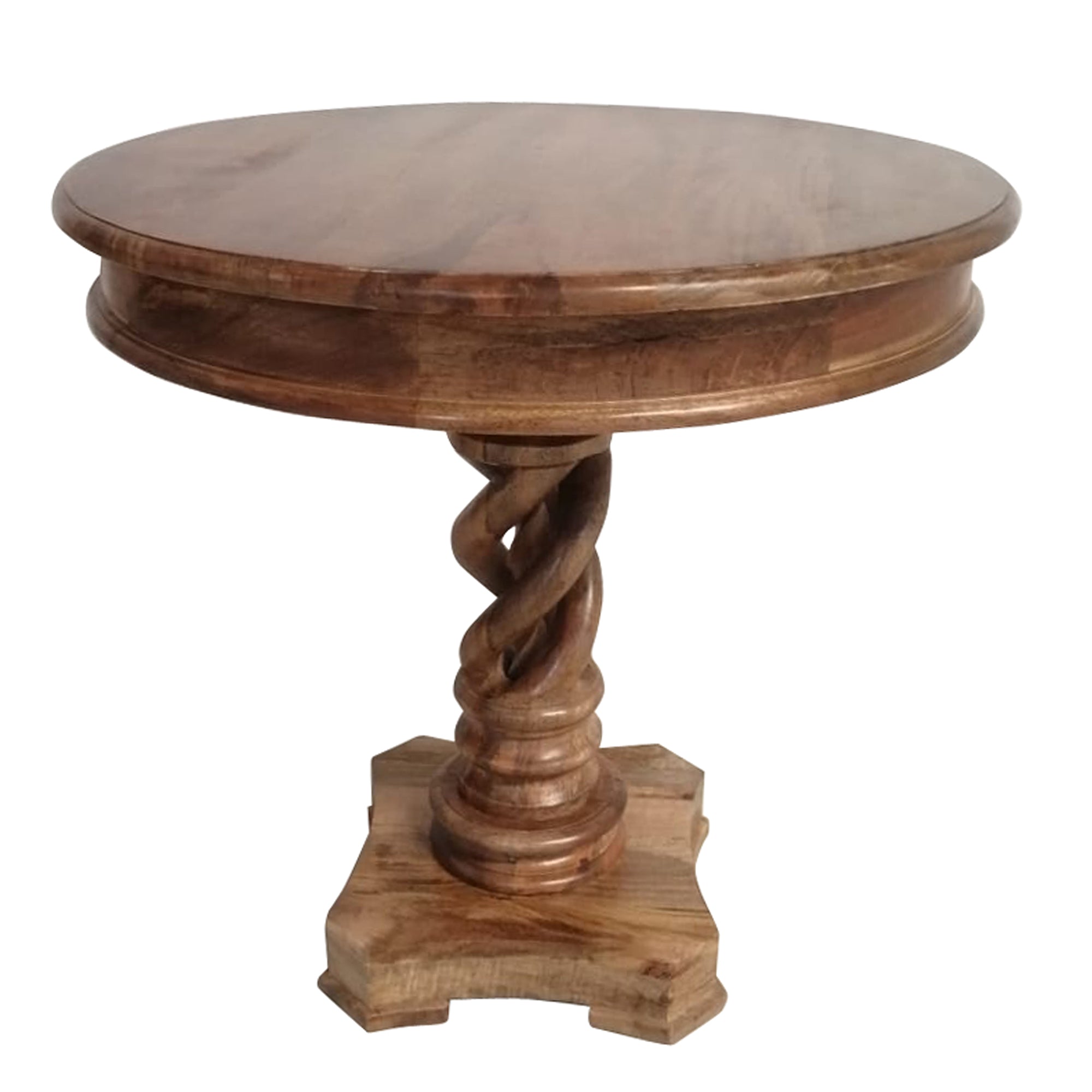 The Urban Port 30 Inch Handcrafted Round Mango Wood Dinette, Artisanal Twisted Pedestal Base, Walnut Brown