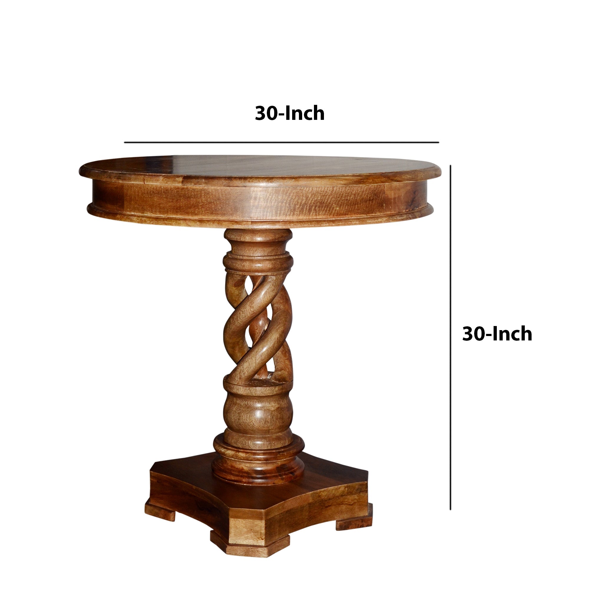 The Urban Port 30 Inch Handcrafted Round Mango Wood Dinette, Artisanal Twisted Pedestal Base, Walnut Brown