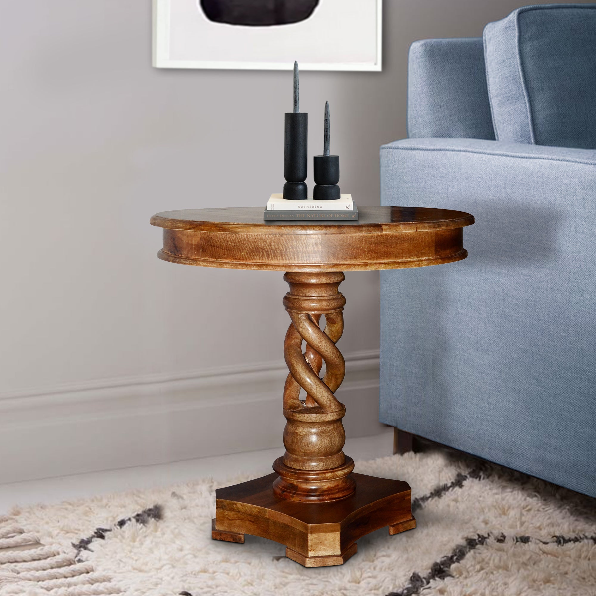 The Urban Port 30 Inch Handcrafted Round Mango Wood Dinette, Artisanal Twisted Pedestal Base, Walnut Brown