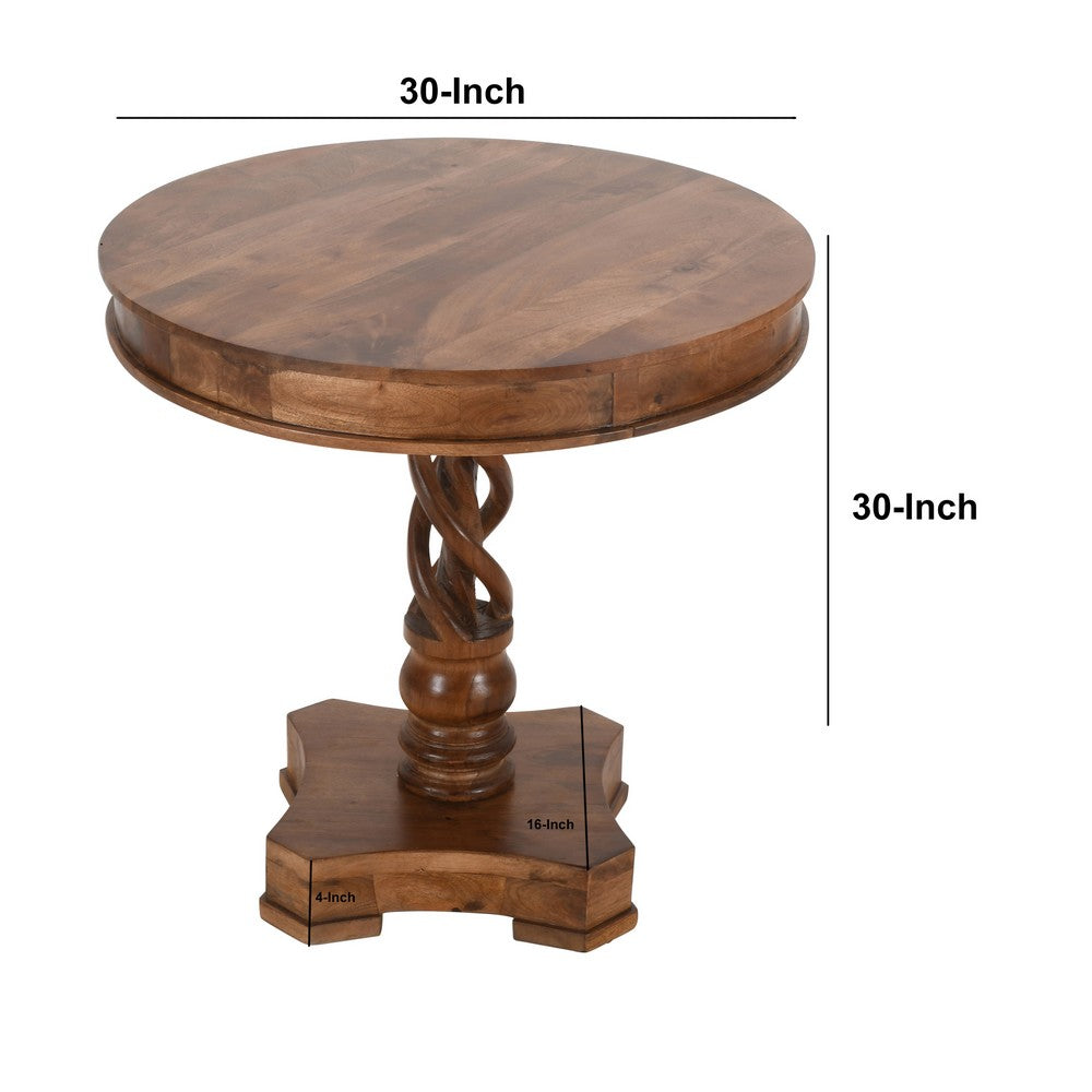 The Urban Port 30 Inch Handcrafted Round Mango Wood Dinette, Artisanal Twisted Pedestal Base, Walnut Brown