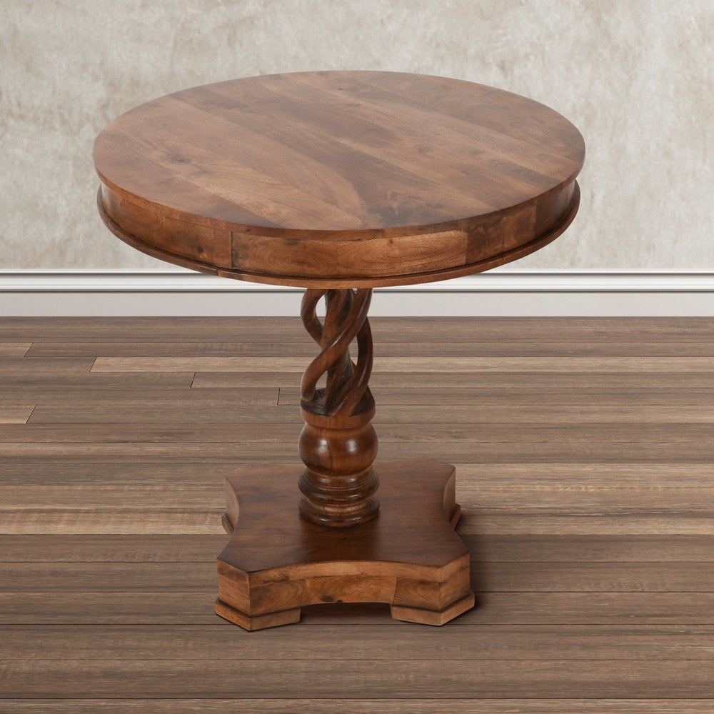 The Urban Port 30 Inch Handcrafted Round Mango Wood Dinette, Artisanal Twisted Pedestal Base, Walnut Brown