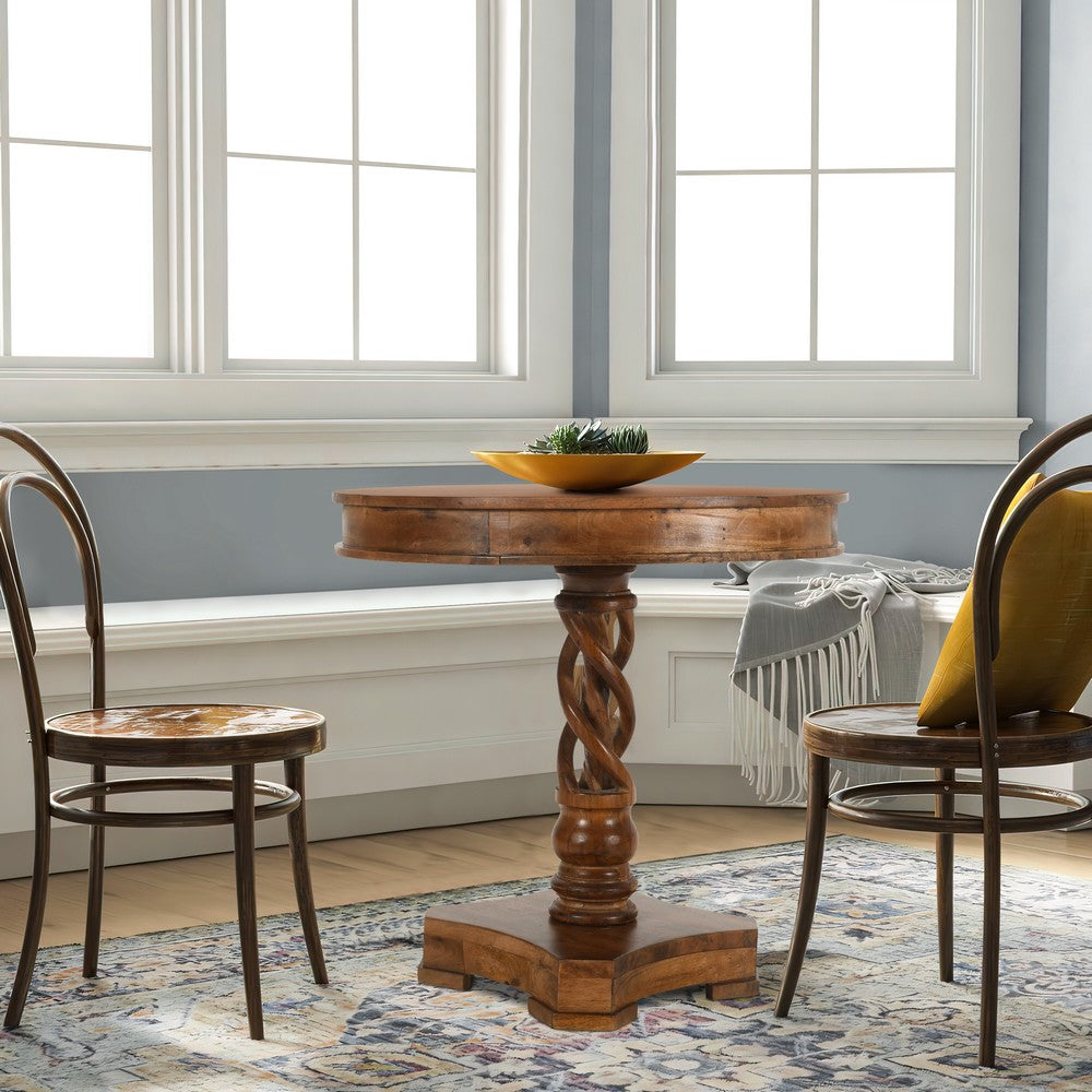 The Urban Port 30 Inch Handcrafted Round Mango Wood Dinette, Artisanal Twisted Pedestal Base, Walnut Brown