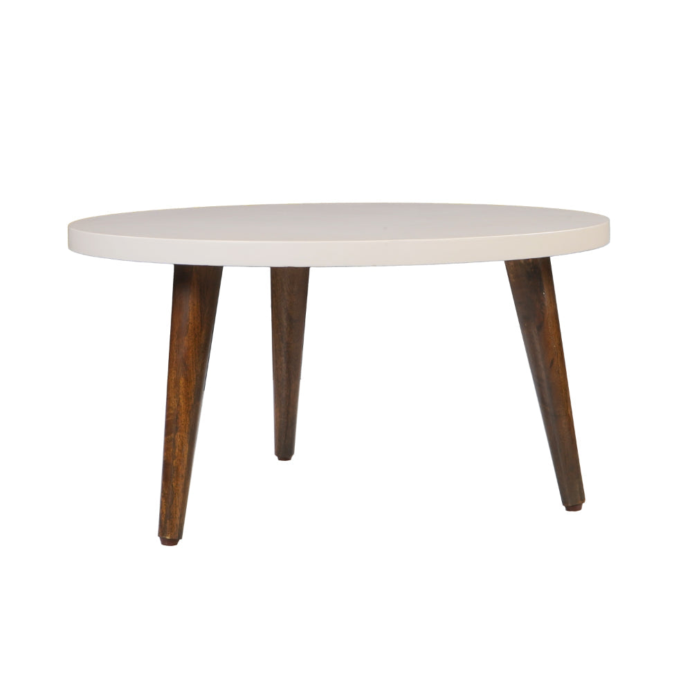 The Urban Port 24 Inch Modern Coffee Table, Round Off White MDF Top, Tapered Brown Mango Wood Legs