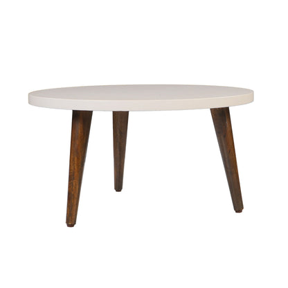 The Urban Port 24 Inch Modern Coffee Table, Round Off White MDF Top, Tapered Brown Mango Wood Legs