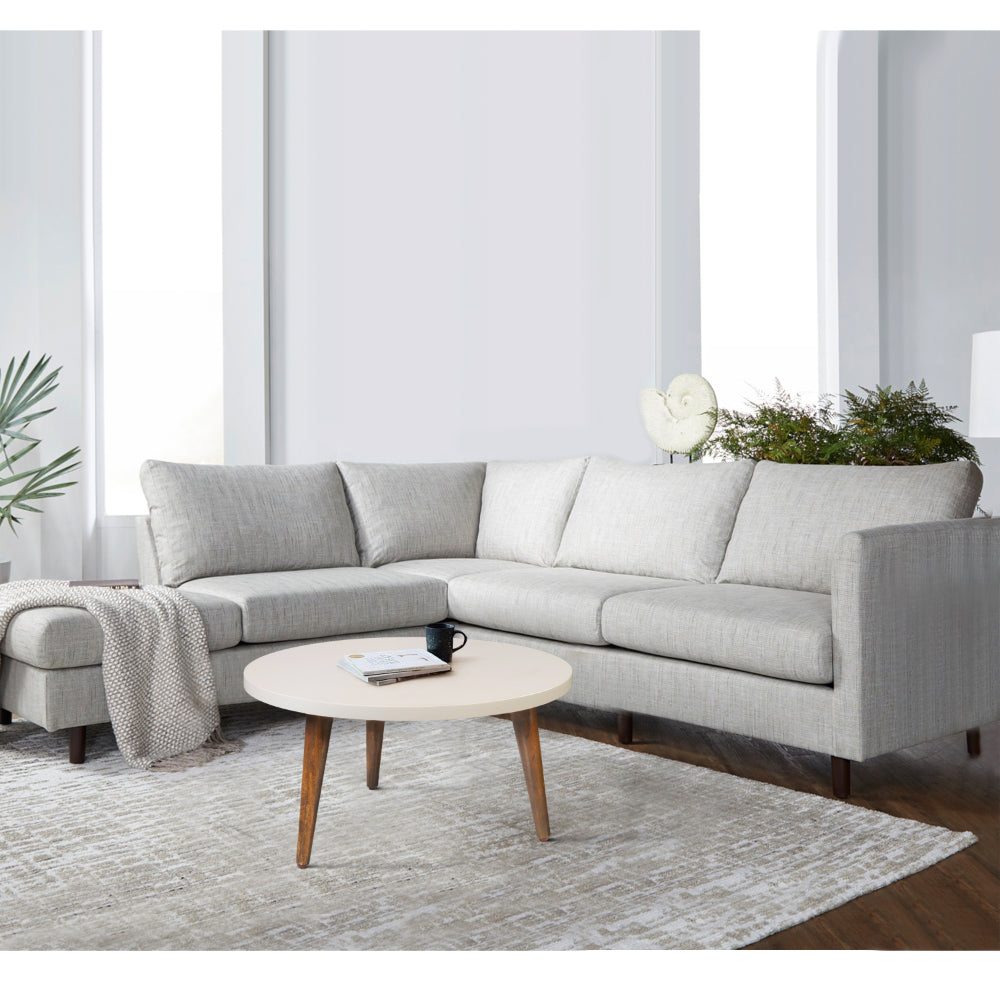 The Urban Port 24 Inch Modern Coffee Table, Round Off White MDF Top, Tapered Brown Mango Wood Legs