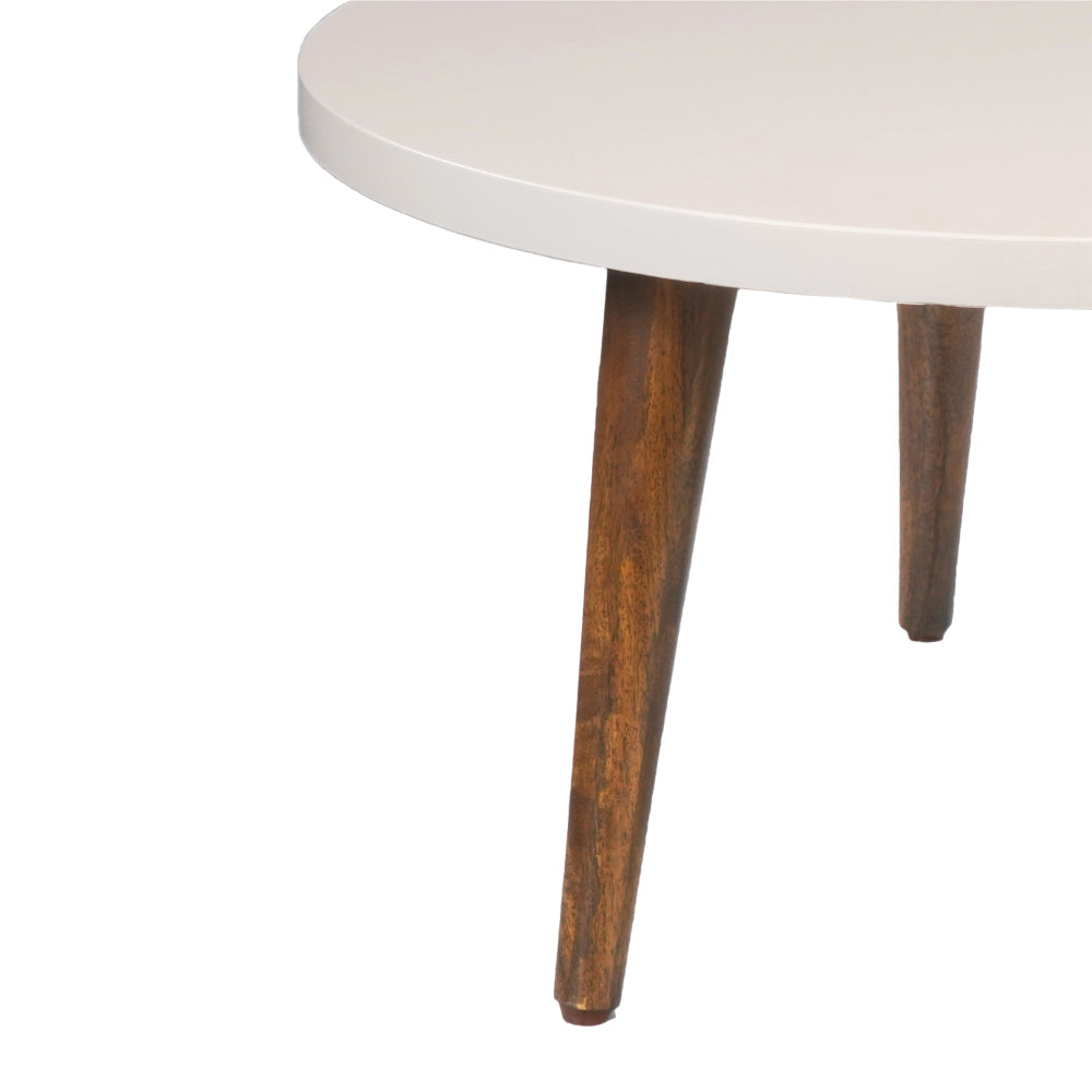 The Urban Port 24 Inch Modern Coffee Table, Round Off White MDF Top, Tapered Brown Mango Wood Legs
