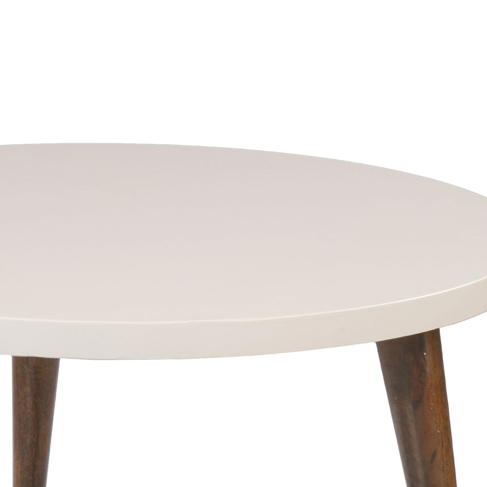 The Urban Port 24 Inch Modern Coffee Table, Round Off White MDF Top, Tapered Brown Mango Wood Legs