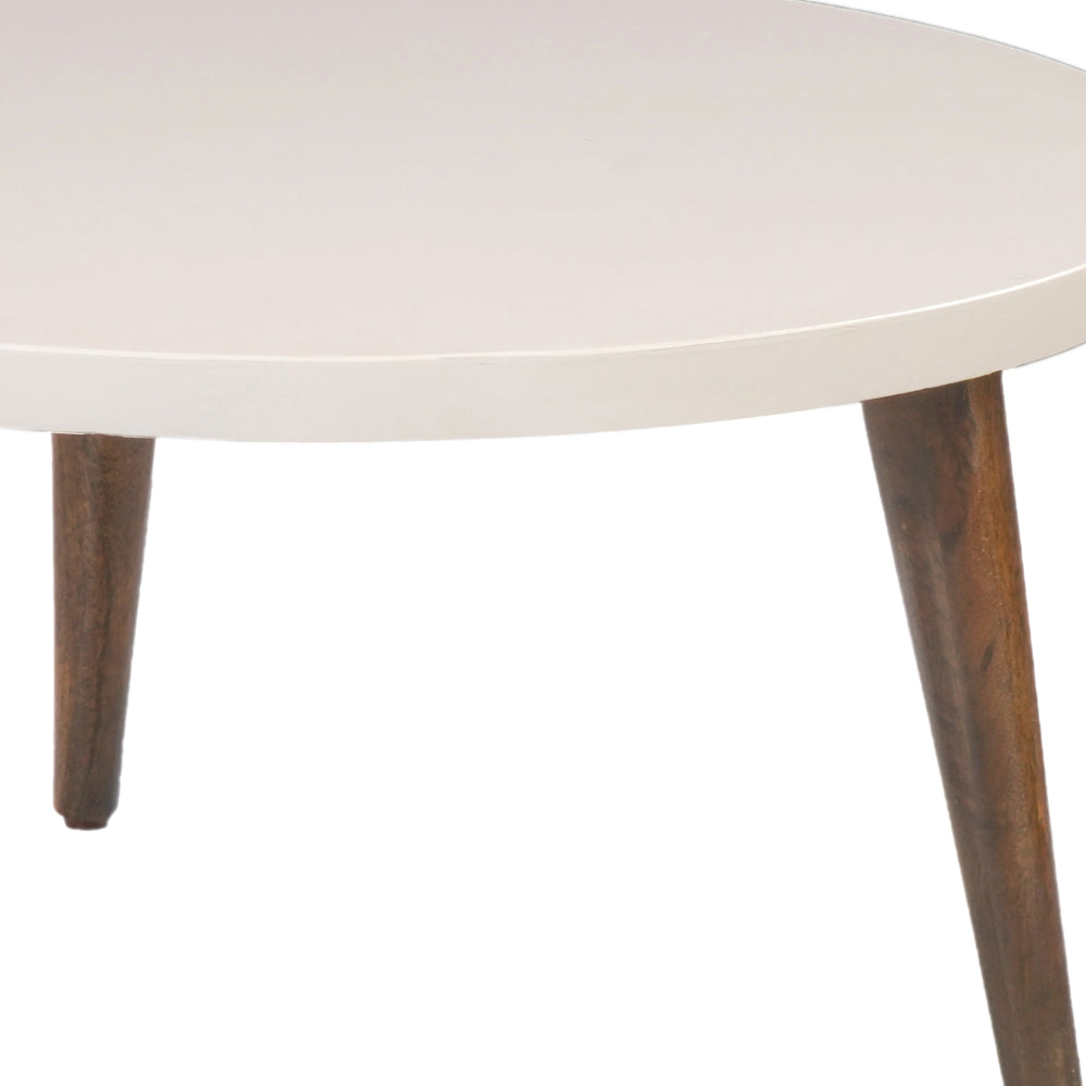The Urban Port 24 Inch Modern Coffee Table, Round Off White MDF Top, Tapered Brown Mango Wood Legs