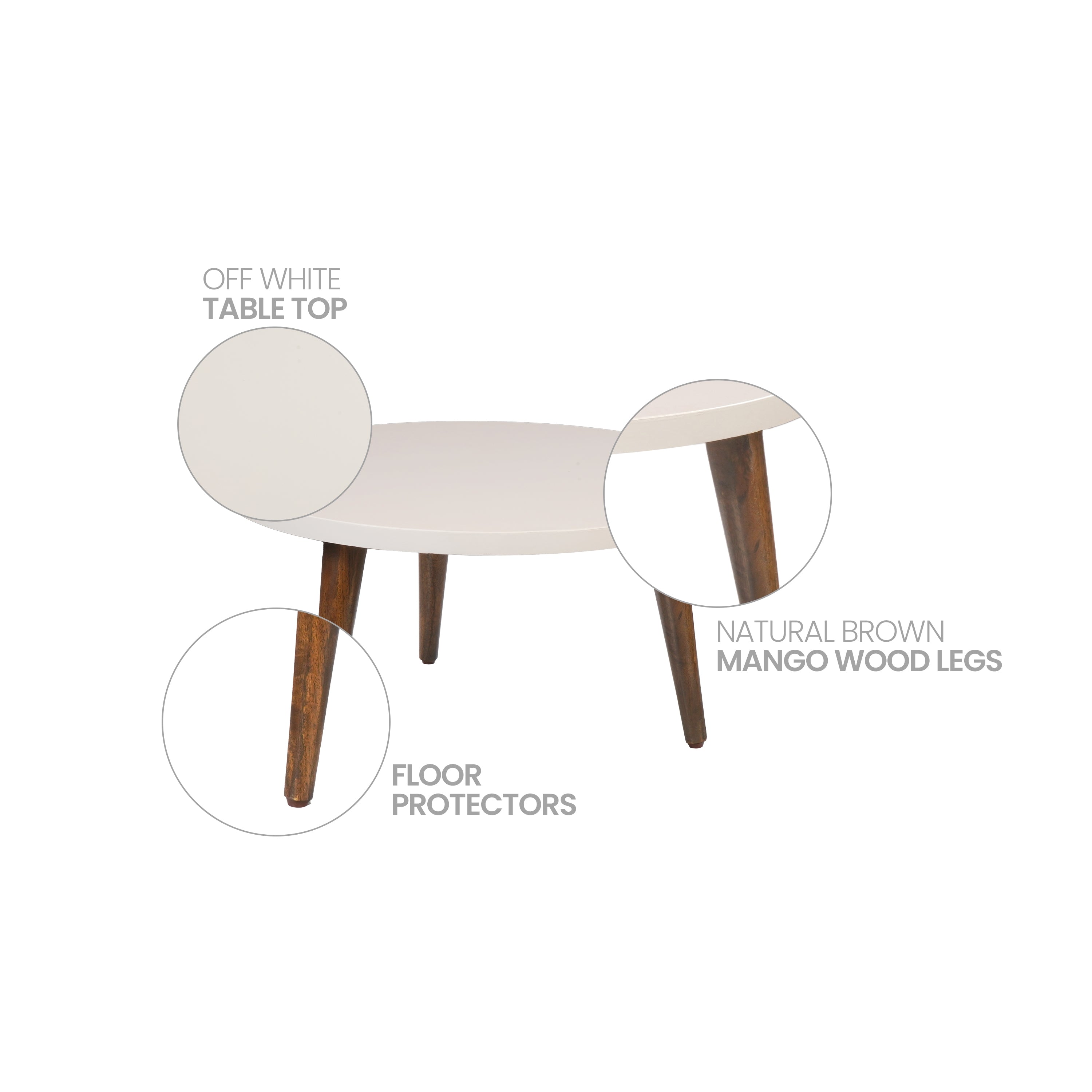 The Urban Port 24 Inch Modern Coffee Table, Round Off White MDF Top, Tapered Brown Mango Wood Legs