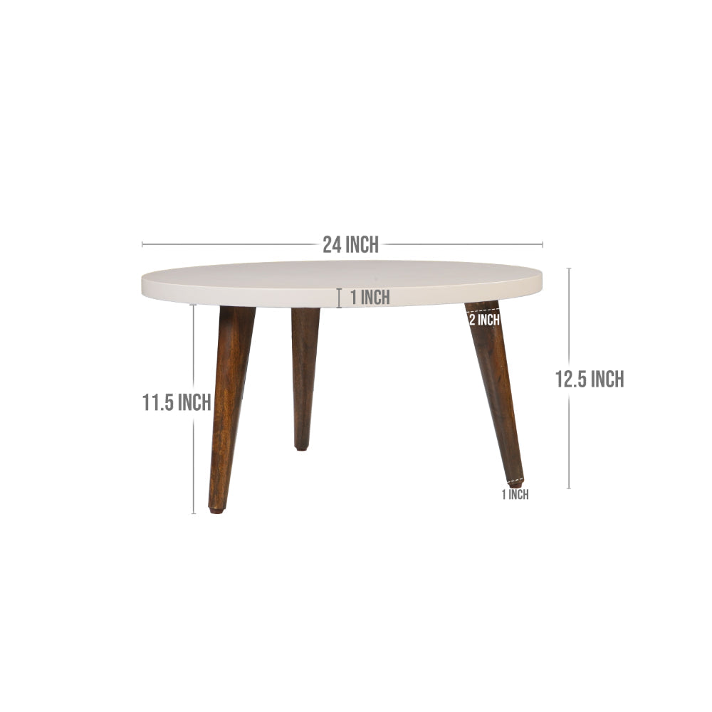 The Urban Port 24 Inch Modern Coffee Table, Round Off White MDF Top, Tapered Brown Mango Wood Legs