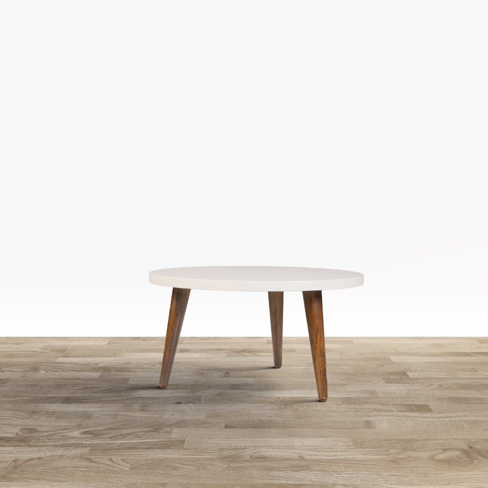 The Urban Port 24 Inch Modern Coffee Table, Round Off White MDF Top, Tapered Brown Mango Wood Legs