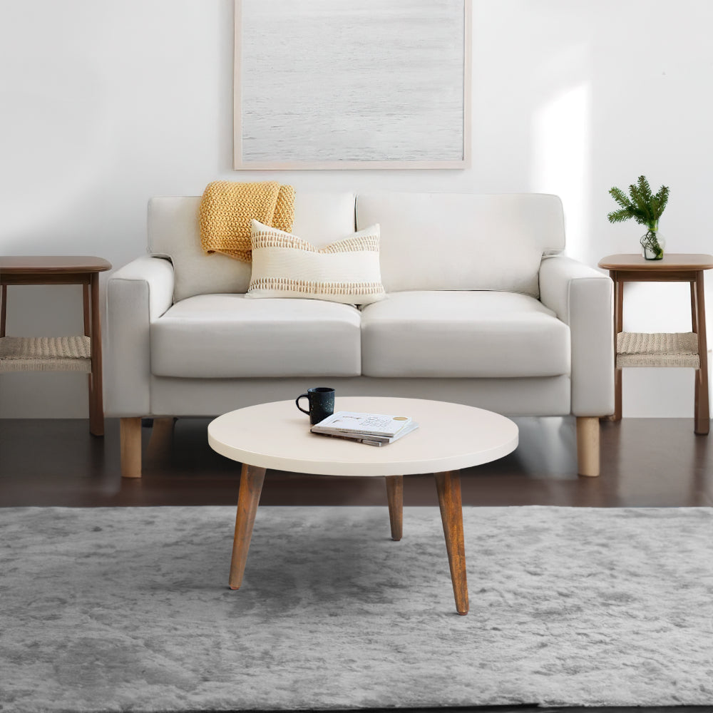 The Urban Port 24 Inch Modern Coffee Table, Round Off White MDF Top, Tapered Brown Mango Wood Legs