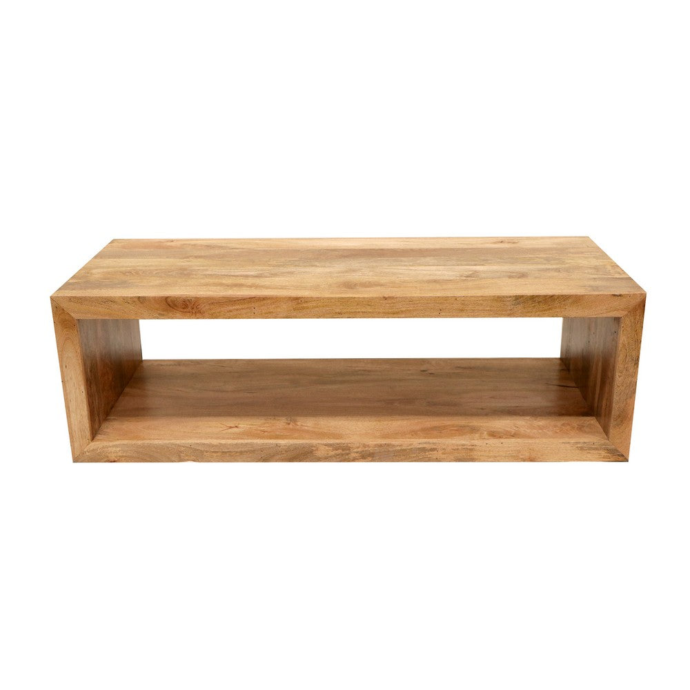 The Urban Port Keli 58 Inch Mango Wood Coffee Table, Open Cube, 1 Shelf, Natural Brown