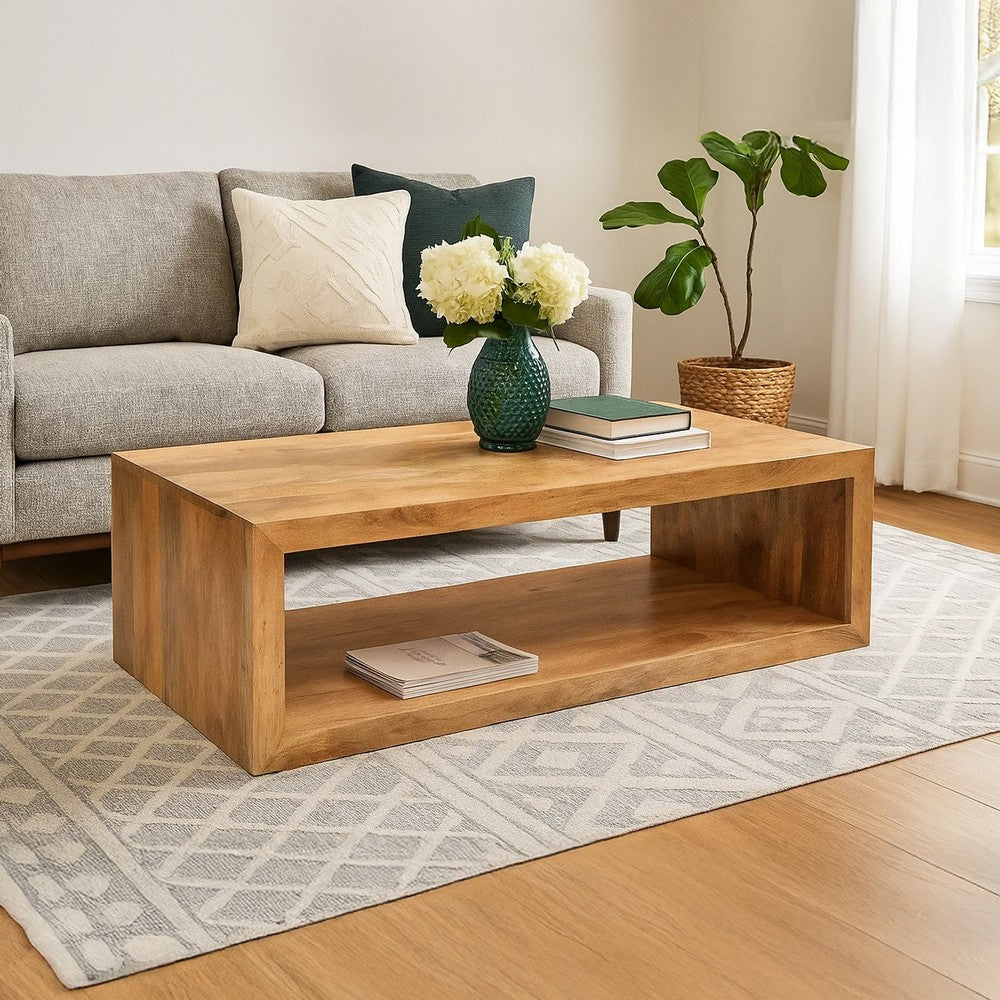 The Urban Port Keli 58 Inch Mango Wood Coffee Table, Open Cube, 1 Shelf, Natural Brown