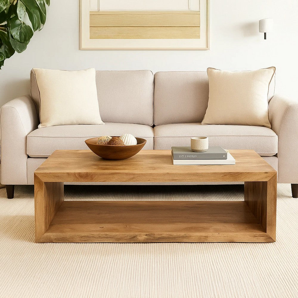 The Urban Port Keli 58 Inch Mango Wood Coffee Table, Open Cube, 1 Shelf, Natural Brown