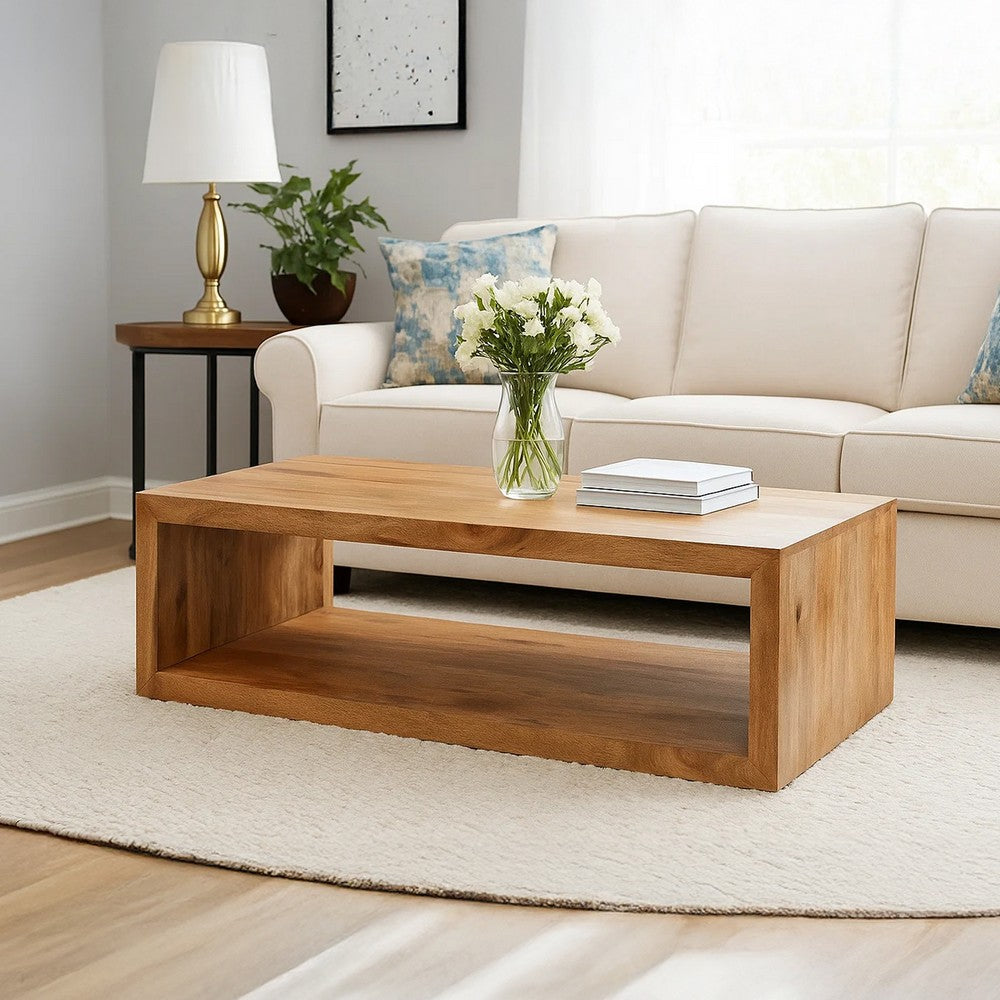 The Urban Port Keli 58 Inch Mango Wood Coffee Table, Open Cube, 1 Shelf, Natural Brown
