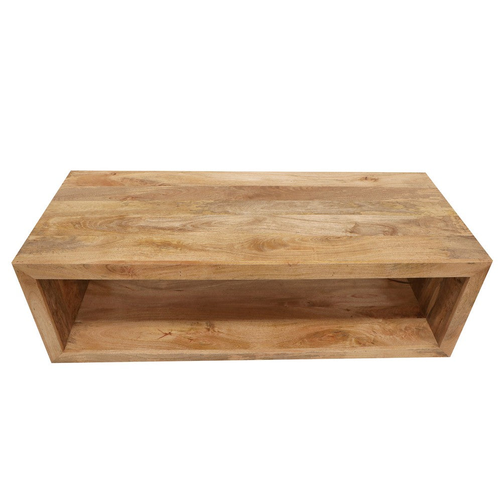 The Urban Port Keli 58 Inch Mango Wood Coffee Table, Open Cube, 1 Shelf, Natural Brown