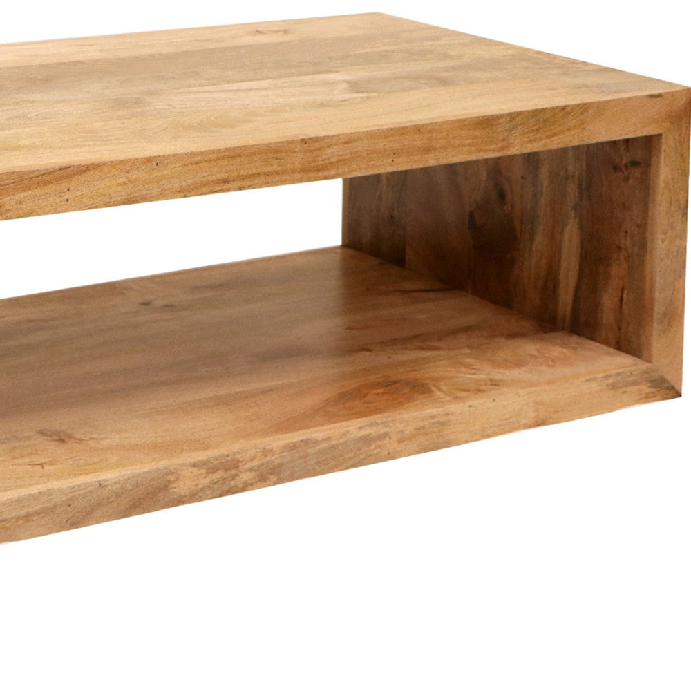The Urban Port Keli 58 Inch Mango Wood Coffee Table, Open Cube, 1 Shelf, Natural Brown