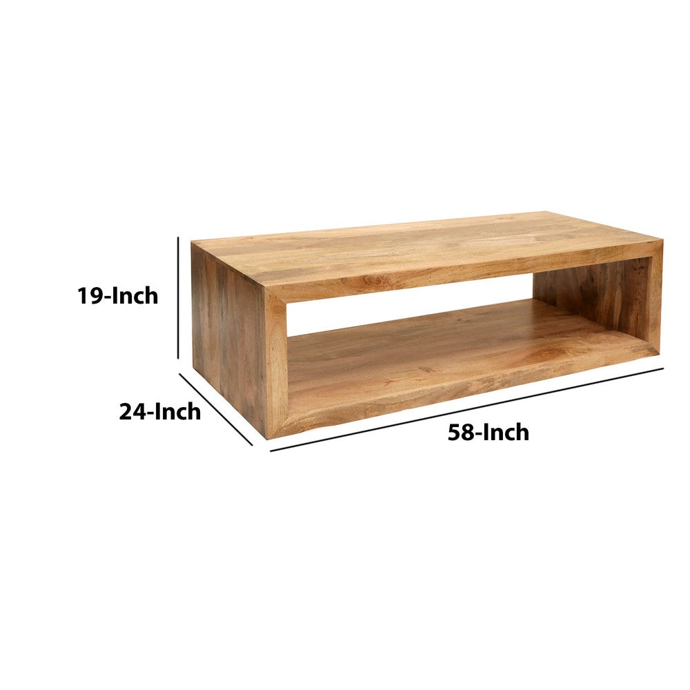 The Urban Port Keli 58 Inch Mango Wood Coffee Table, Open Cube, 1 Shelf, Natural Brown