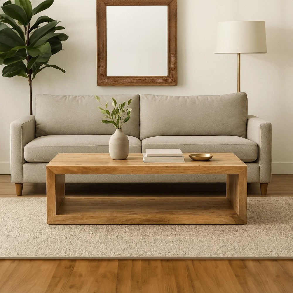 The Urban Port Keli 58 Inch Mango Wood Coffee Table, Open Cube, 1 Shelf, Natural Brown