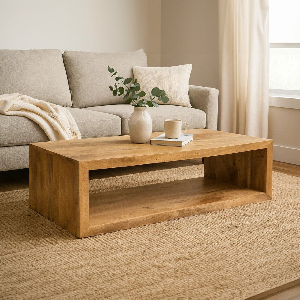 The Urban Port Keli 58 Inch Mango Wood Coffee Table, Open Cube, 1 Shelf, Natural Brown