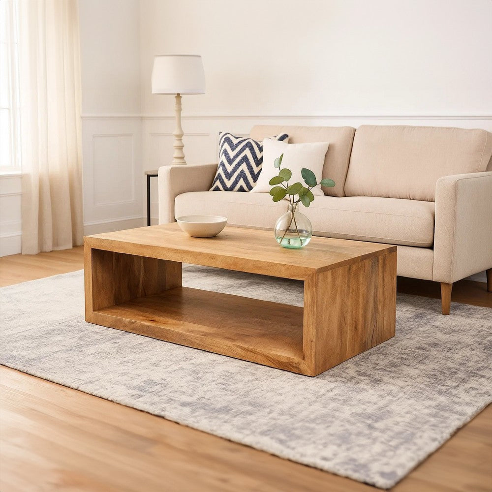 The Urban Port Keli 58 Inch Mango Wood Coffee Table, Open Cube, 1 Shelf, Natural Brown