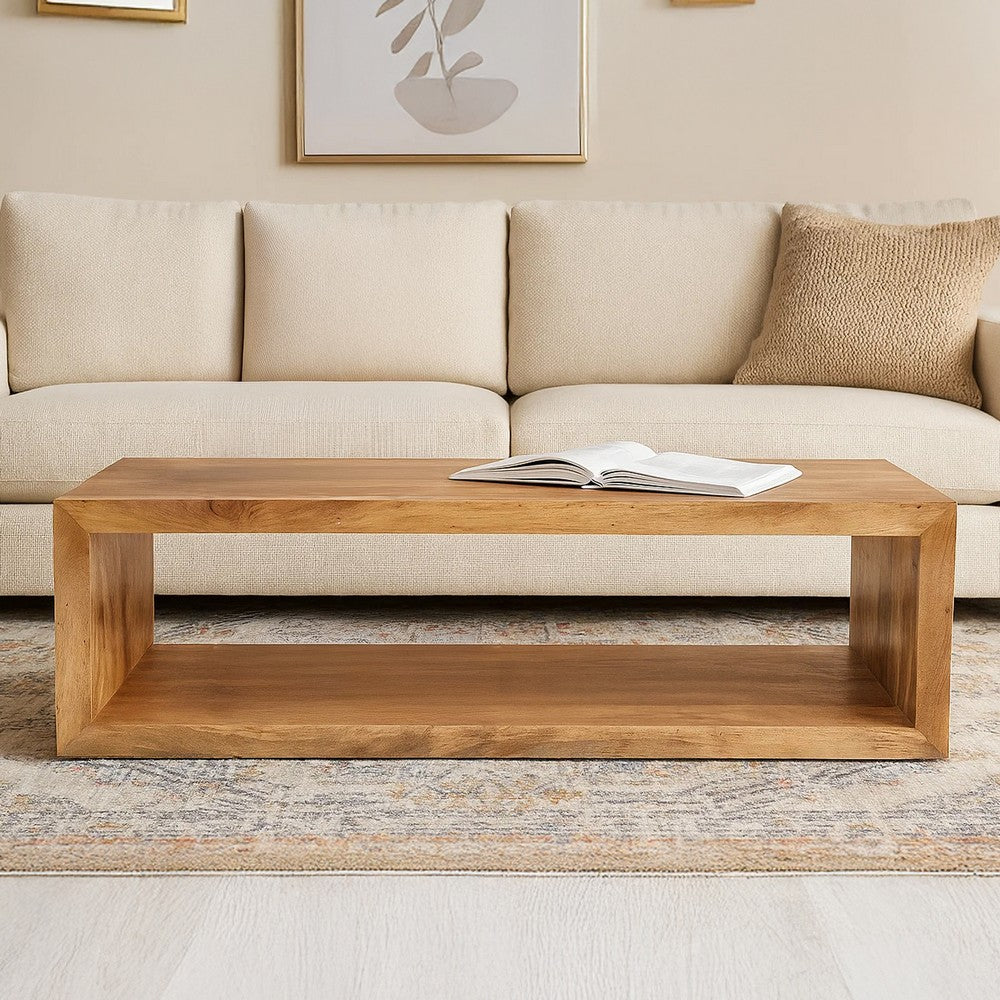 The Urban Port Keli 58 Inch Mango Wood Coffee Table, Open Cube, 1 Shelf, Natural Brown