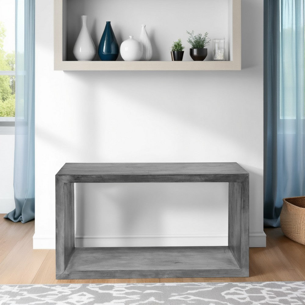 The Urban Port Keli 52 Inch Cube Shape Wooden Console Table with Open Bottom Shelf, Charcoal Gray