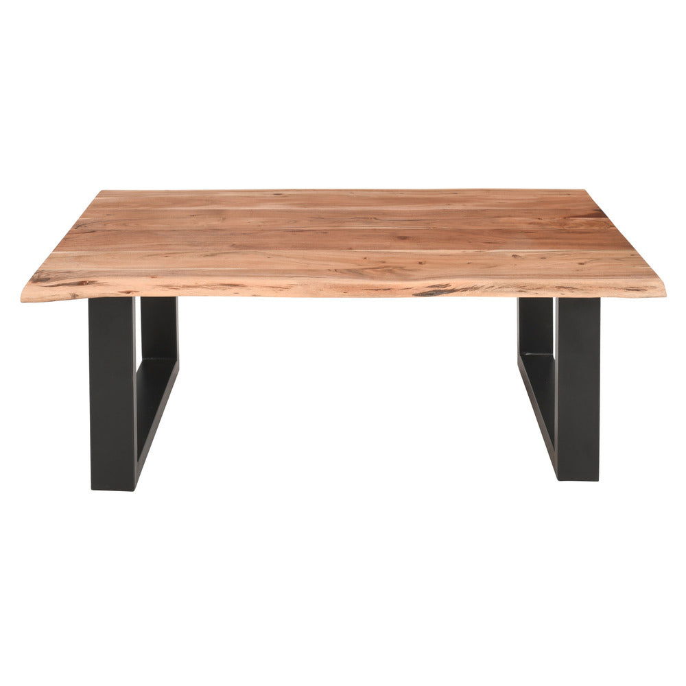The Urban Port 45 Inch Acacia Wood Rectangular Coffee Table, Live Edge Details, Black Powder Coated Metal Sled Base, Natural Brown