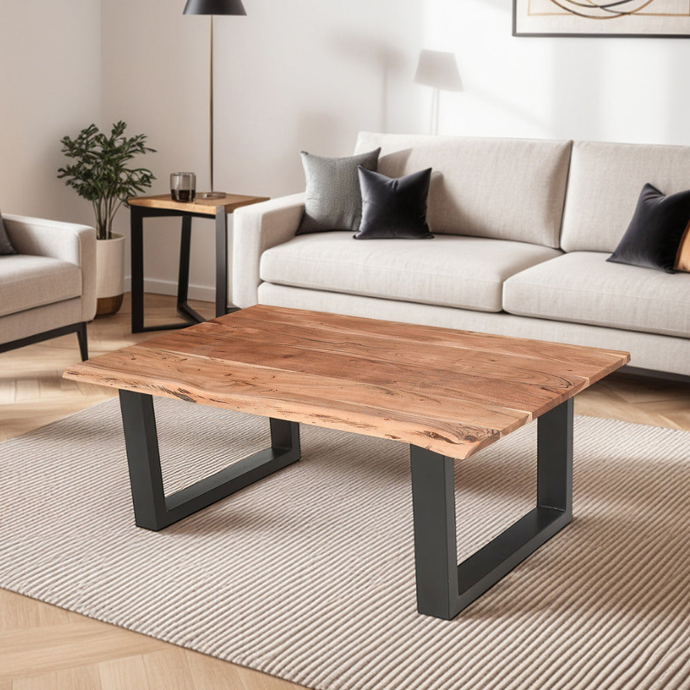 The Urban Port 45 Inch Acacia Wood Rectangular Coffee Table, Live Edge Details, Black Powder Coated Metal Sled Base, Natural Brown