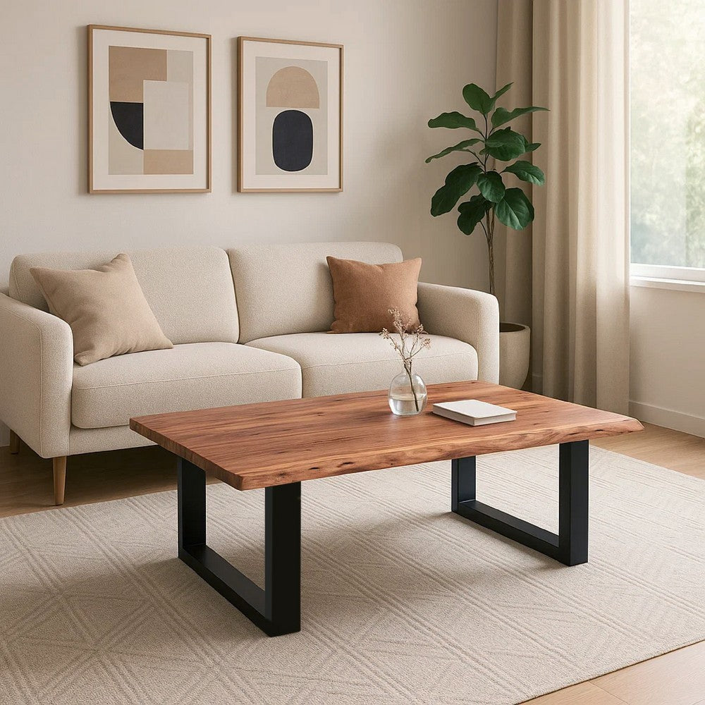 The Urban Port 45 Inch Acacia Wood Rectangular Coffee Table, Live Edge Details, Black Powder Coated Metal Sled Base, Natural Brown